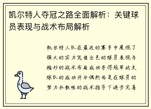 凯尔特人夺冠之路全面解析：关键球员表现与战术布局解析